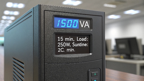 A 1500VA UPS unit with a digital display showing estimated runtime based on current load