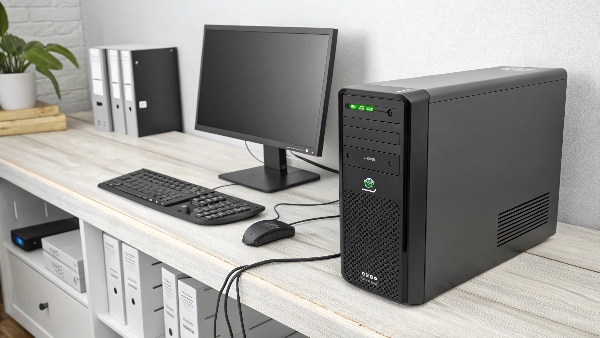 A Back-UPS unit connected to a desktop computer and monitor, with a green light indicating it's active