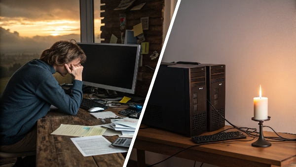 A before-and-after comparison: one side showing a chaotic desk with a PC off during an outage, the other a calm desk with PC running on UPS