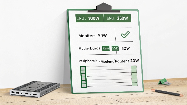 A checklist showing PC components (CPU, GPU, Monitor) with their wattages, then a sum, then a UPS selection