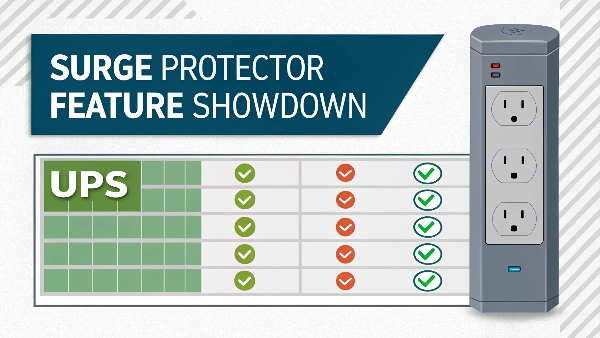 A clear infographic comparing features: Surge Protector (Surge Protection Only) vs UPS (Surge Protection + Battery Backup + Voltage Regulation in some models)
