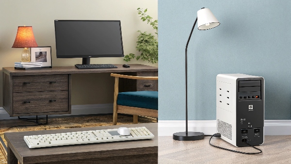 A computer and monitor connected to a UPS, and a lamp connected to a surge protector