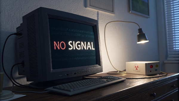 A computer screen showing 'No Signal' during a simulated power outage, with a surge protector plugged in but offering no help