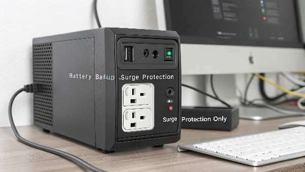 A computer setup with a UPS unit clearly showing outlets labeled 'Battery Backup + Surge Protection' and 'Surge Protection Only'