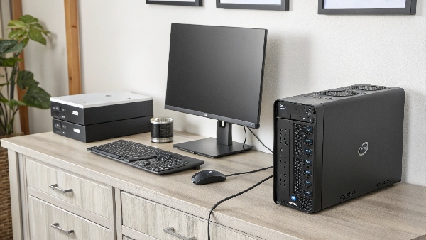 A desktop computer, monitor, and external hard drive all plugged into a UPS unit