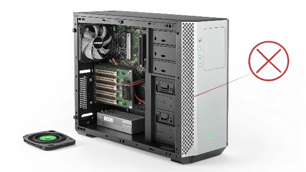 A desktop computer tower with its internal components visible, highlighting the lack of an internal battery