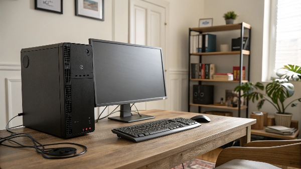 A desktop PC in a home office setting, plugged in and in sleep mode or off