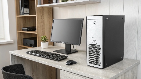 A desktop PC setup with a UPS unit neatly placed beside it