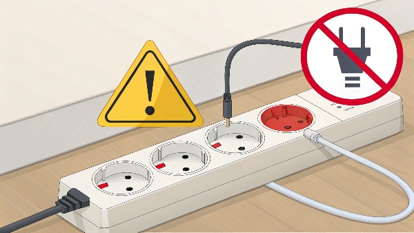 A diagram showing a power strip incorrectly plugged into a surge protector, with a warning symbol