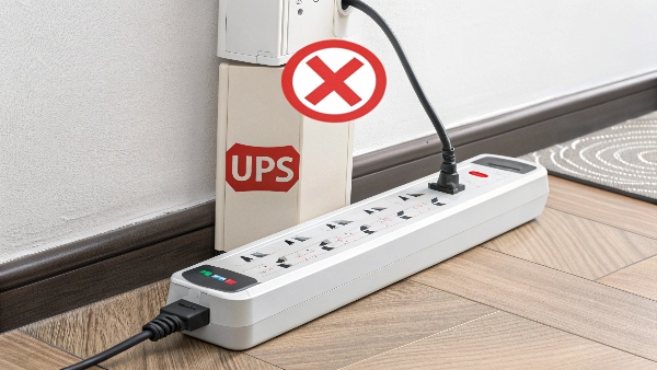 A diagram showing a surge protector strip incorrectly plugged into a UPS outlet, marked with a large red X or warning symbol