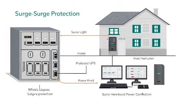 A diagram showing whole-house surge protection at the panel and a UPS protecting a computer