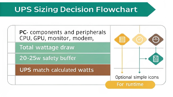 A flowchart: List PC components -> Sum Wattage -> Add 20-25% Buffer -> Select UPS (Watts) -> Check Runtime