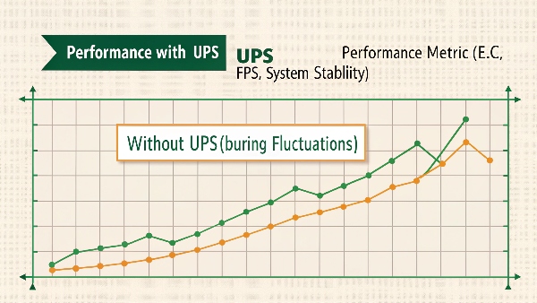 A graph showing stable PC performance with a UPS versus erratic performance without during power fluctuations