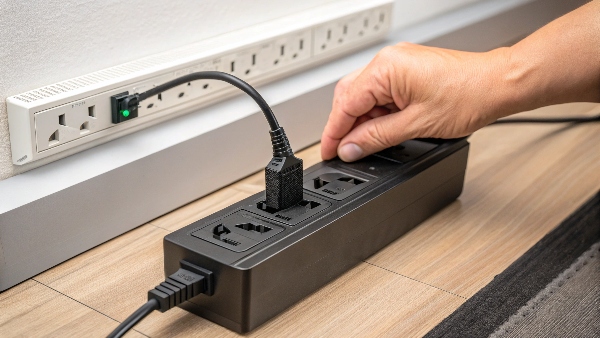 A hand hesitating to unplug a PC power cord from a UPS unit