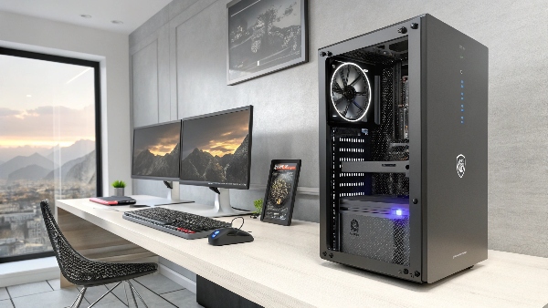 A high-end gaming PC setup with a sleek UPS unit beside it