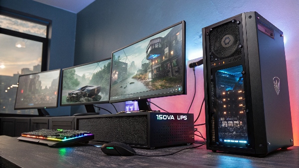 A high-end gaming PC with multiple monitors connected to a 1500VA UPS unit