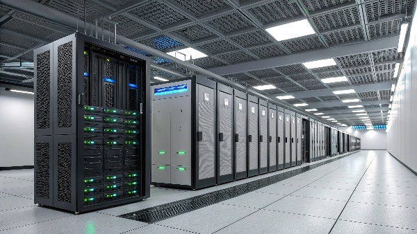 A large, modern data center server room with rows of racks, highlighting the UPS units