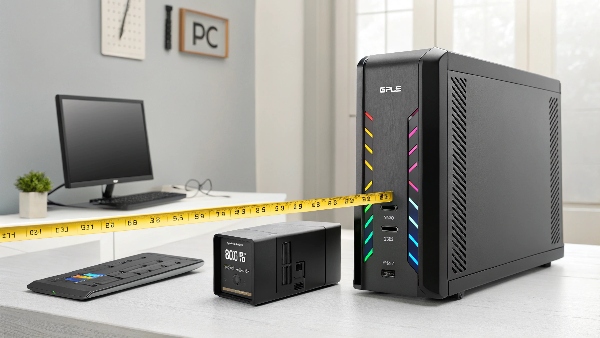A measuring tape sizing up a gaming PC and a UPS unit