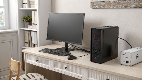 A PC turned off but still plugged into a UPS unit, which is also plugged into the wall