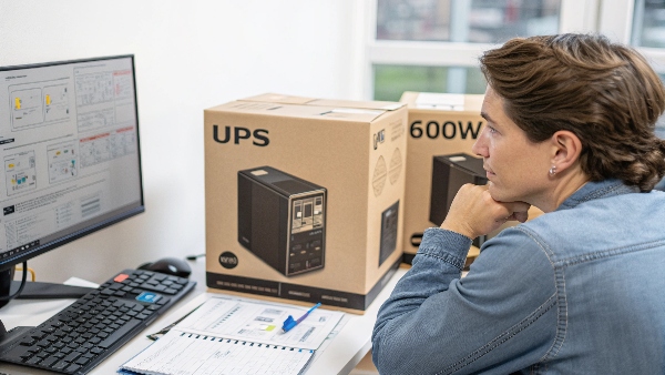 A person comparing specifications of a UPS and a 600W PC PSU