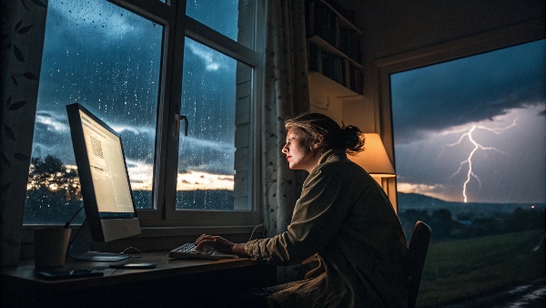 A person looking concerned at their desktop computer during a thunderstorm visible through a window
