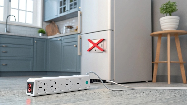 A red X over a refrigerator and a space heater plugged into a surge protector