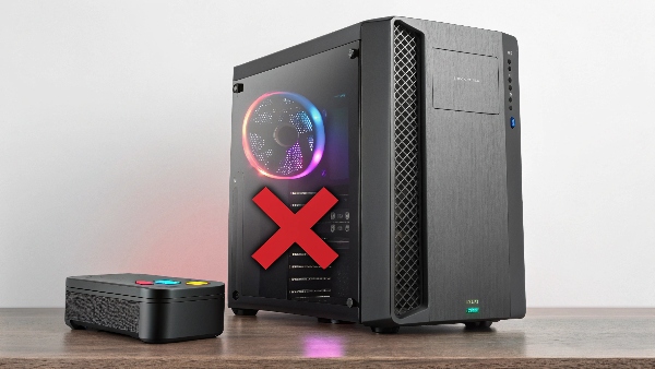 A red X over a small 600VA UPS next to a powerful gaming PC