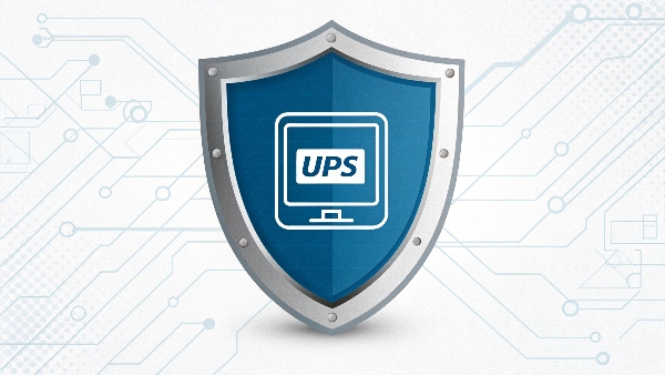 A shield icon protecting a PC, with the UPS symbol within the shield