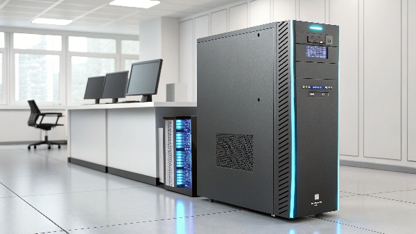 A sleek modern UPS unit with a computer and server connected to it, glowing slightly