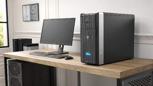 A sleek UPS unit next to a desktop computer setup, glowing with a standby light