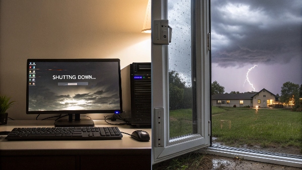A split image: one side shows a computer safely shutting down with a UPS during a storm; the other shows a computer abruptly off with just a surge protector