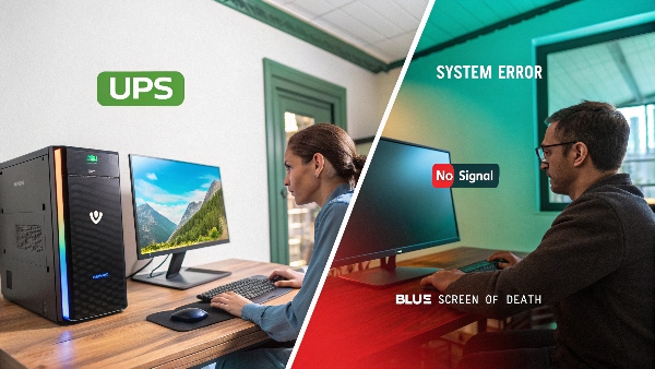 A split image: one side shows a smoothly running PC with a UPS, the other shows a PC with a 