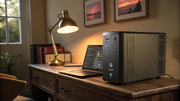 A UPS powering a lamp and a laptop during a simulated power outage