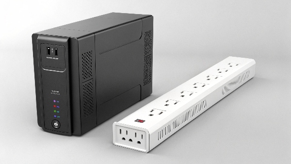 A UPS unit and a surge protector strip side-by-side with a clear visual distinction
