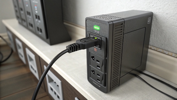 A UPS unit plugged into a wall outlet with its power light on