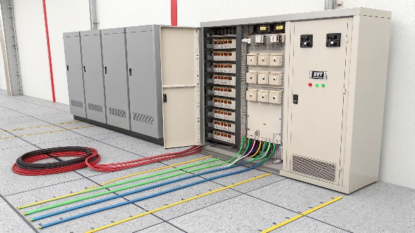 An electrical panel with a UPS unit integrated nearby, showing power flow