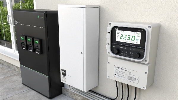 An electricity meter next to a UPS unit, showing low consumption