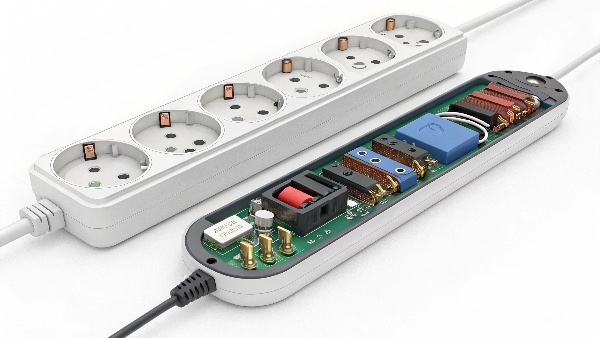 An internal view of a power strip (simple wiring) versus a surge protector (showing MOVs and circuitry)