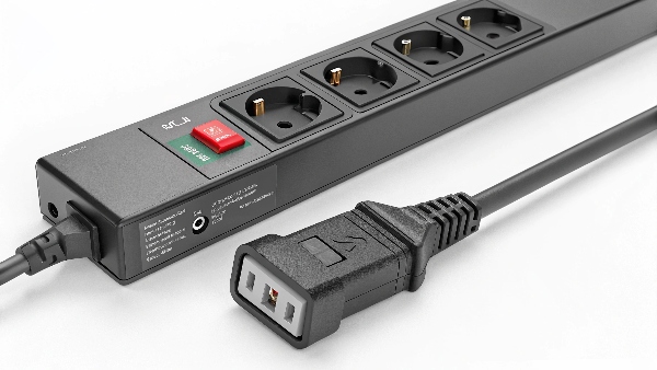 Close-up of a PSU's power input connected to a UPS outlet