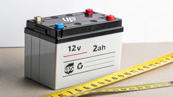 Close-up of a UPS battery with specifications highlighted and a measuring tape