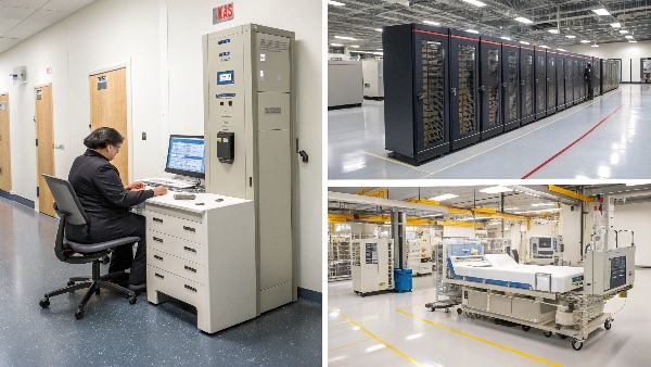 Collage of diverse environments using UPS systems: home office, server room, hospital, factory floor