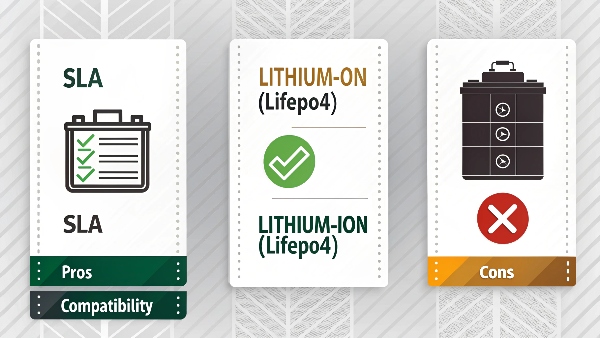 Comparison of different UPS battery types (SLA, Lithium) with checkmarks for compatibility