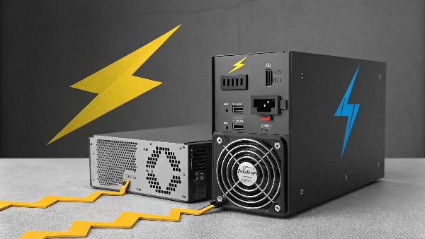 Computer PSU with a UPS in the background, lightning bolt graphic