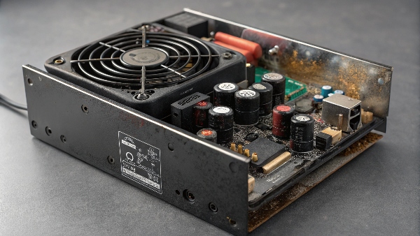Damaged computer PSU with visible signs of electrical damage, like burnt components