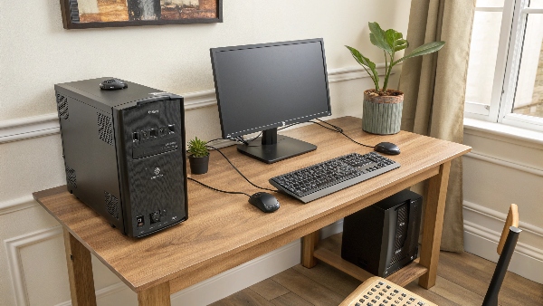 Desktop computer connected to a small UPS unit on the floor