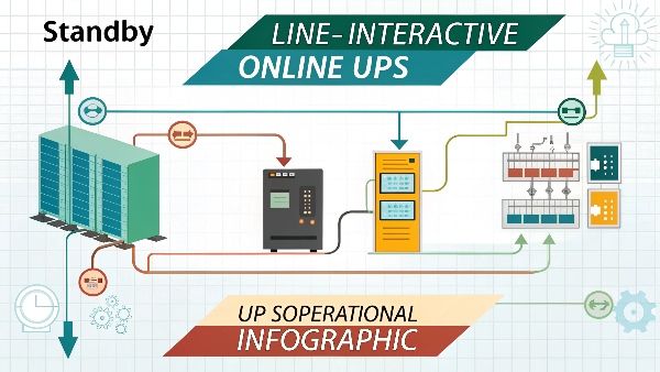 Detailed infographic explaining Standby, Line-Interactive, and Online UPS operations
