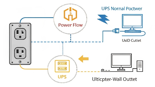 Diagram illustrating a UPS connected between the wall outlet and a computer, showing power flow during normal operation and during an outage