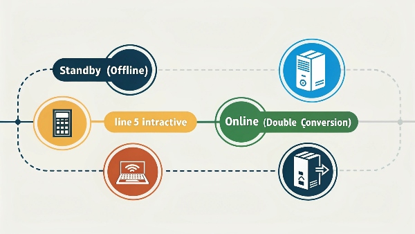 Diagram illustrating the three types of UPS systems and their basic operation