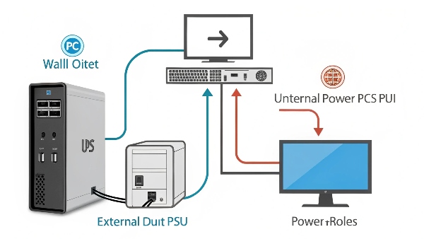 Diagram showing a PC connected to an external UPS, with an arrow pointing to the internal PSU