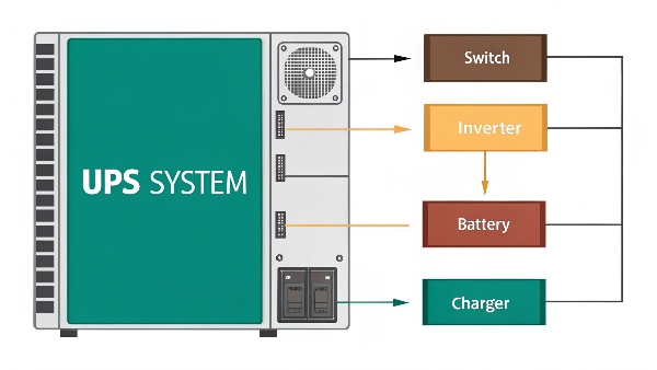 Diagram showing an inverter as a component within a larger UPS system block diagram